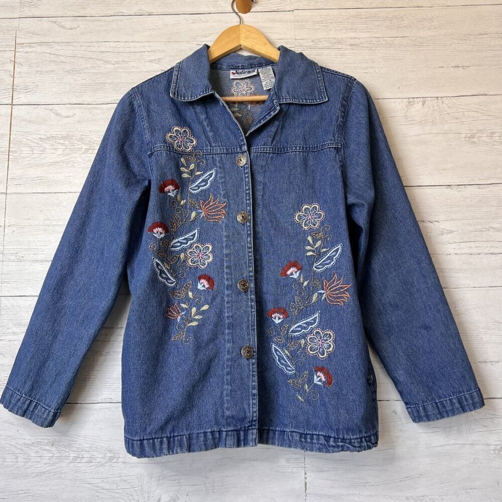 Vintage National Shacket Womens Size 10 Blue Chambray Denim Embroidered Floral